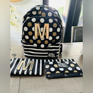 Black Stripe & Dot Initial Backpack initial “M”